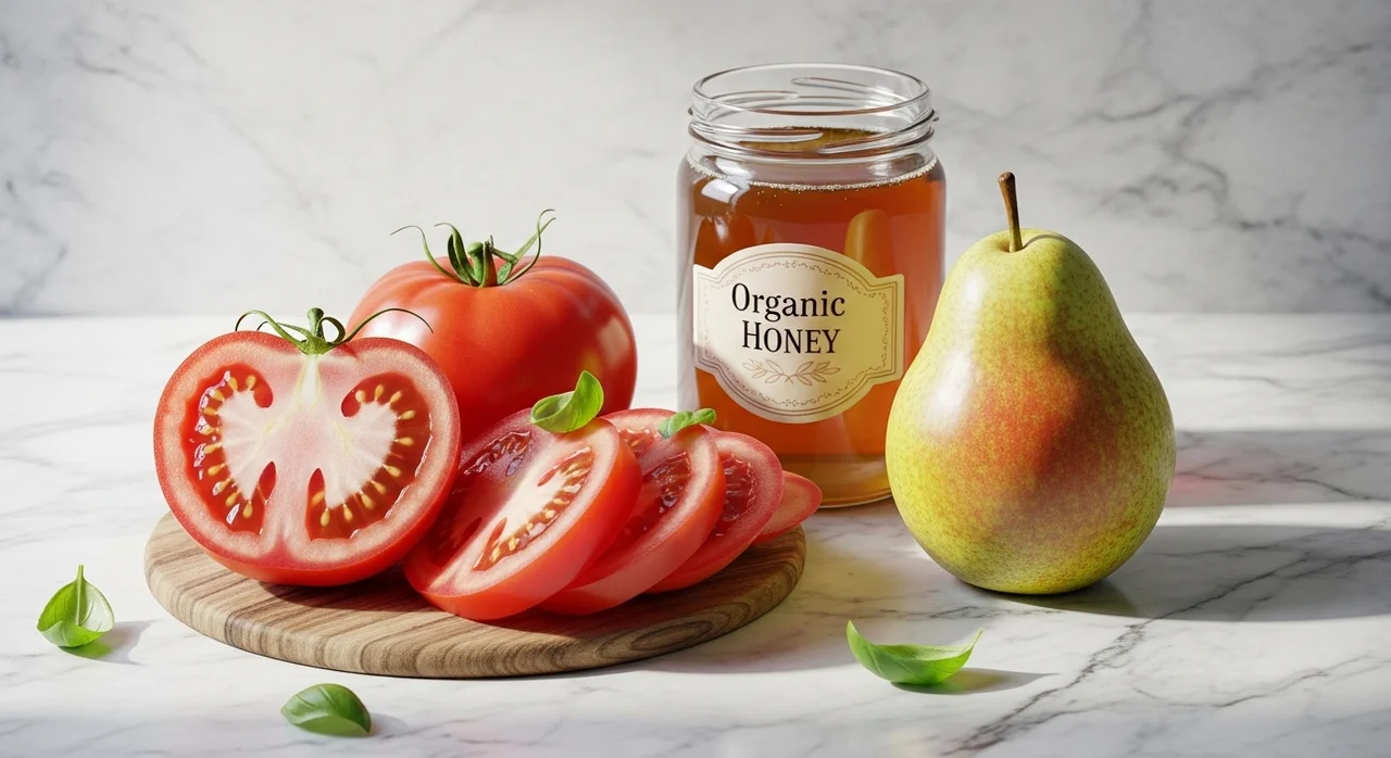 과일과 천연 당분의 힘: 토마토, 배, 꿀물