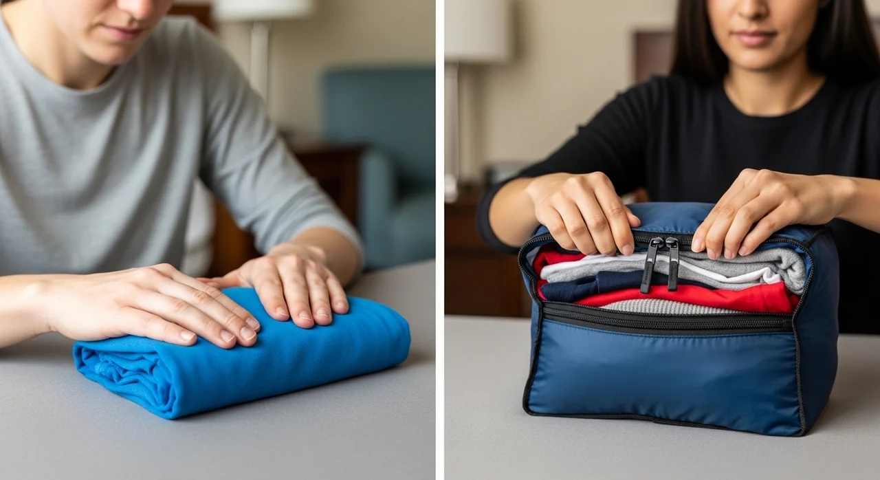 부피는 줄이고 구김은 막는 '롤링 기법' vs '압축 파우치'