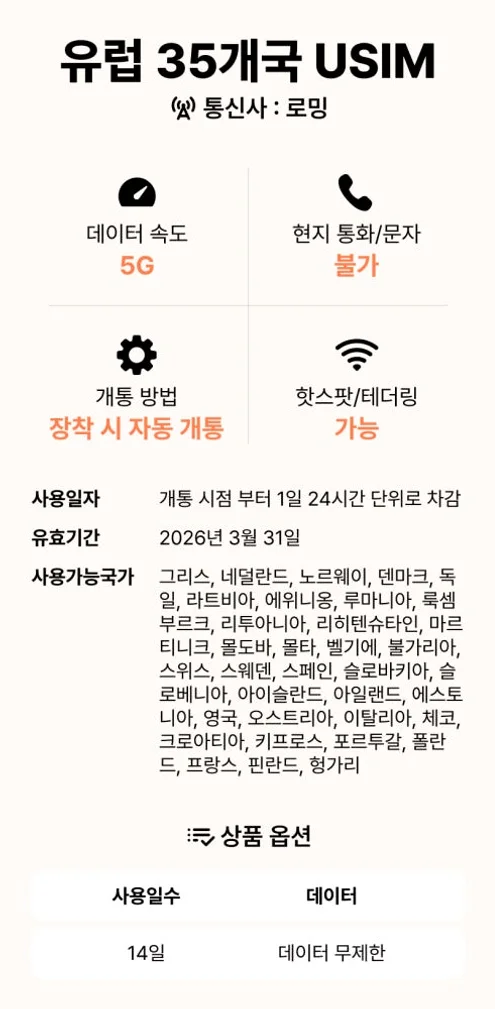 유럽유심 쓰리심 보다폰 오렌지 무비스타 스페인 프랑스 터키 5G 유심칩구매 15일5GB 상세 이미지 1