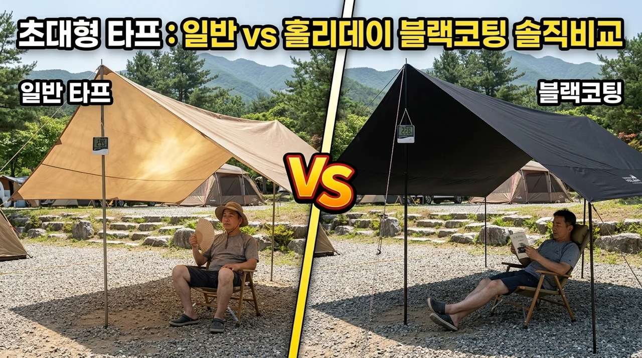 홀리데이 캠핑 대형 블랙코팅 500D 렉타 타프 내돈내산 솔직후기