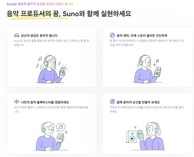 Suno 음악 프로듀서 기능 및 활용 가이드 아이콘들