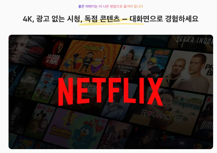 넷플릭스 4K 울트라 HD 콘텐츠 라이브러리 및 다양한 독점작 포스터 화면