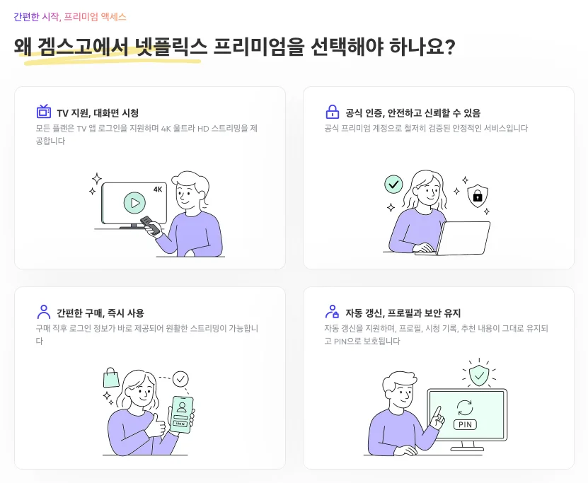 겜스고 넷플릭스 프리미엄 핵심 장점 4가지 안내 화면