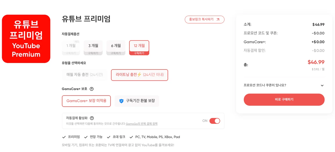 유튜브 프리미엄 구독 기간 및 결제 옵션 선택 화면