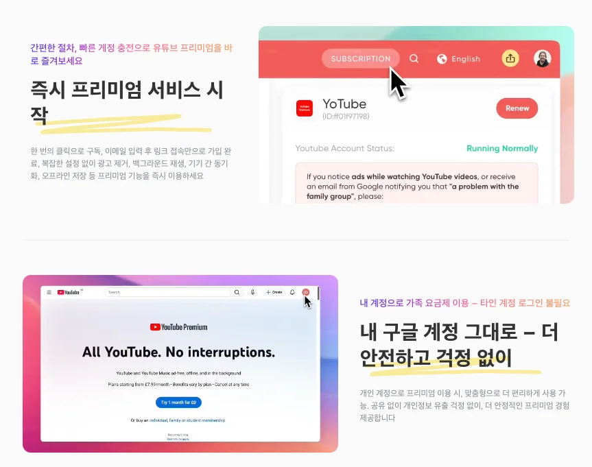 즉시 프리미엄 서비스 시작 및 계정 상태 정상 확인 화면