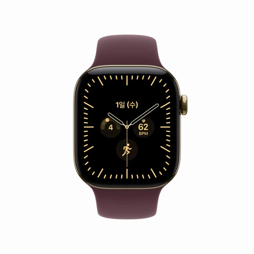 (1차 예약) 공식 애플워치 12 셀룰러 42mm 래디언트 골드 티타늄, 버건디 스포츠 밴드 (M/L) MJGK4KH/A 상세 이미지 1